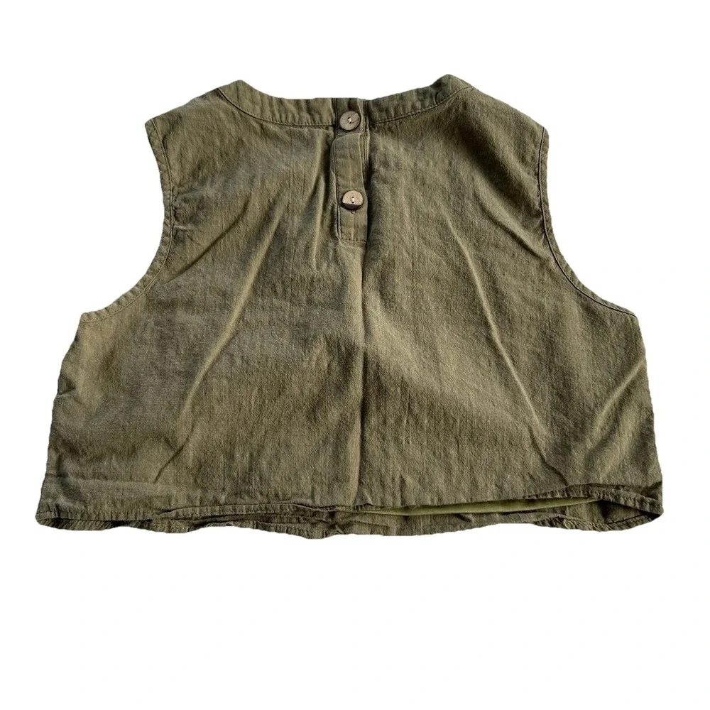 Olive Green Cotton Tank Top Boxy Cropped Minimalist Earthy Capsule Wardrobe M - Picture 2 of 8